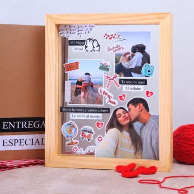 Cuadro Flotante Personalizable Cajalandia: cuadro de madera con doble vidrio, fotografías, frases, dedicatoria.